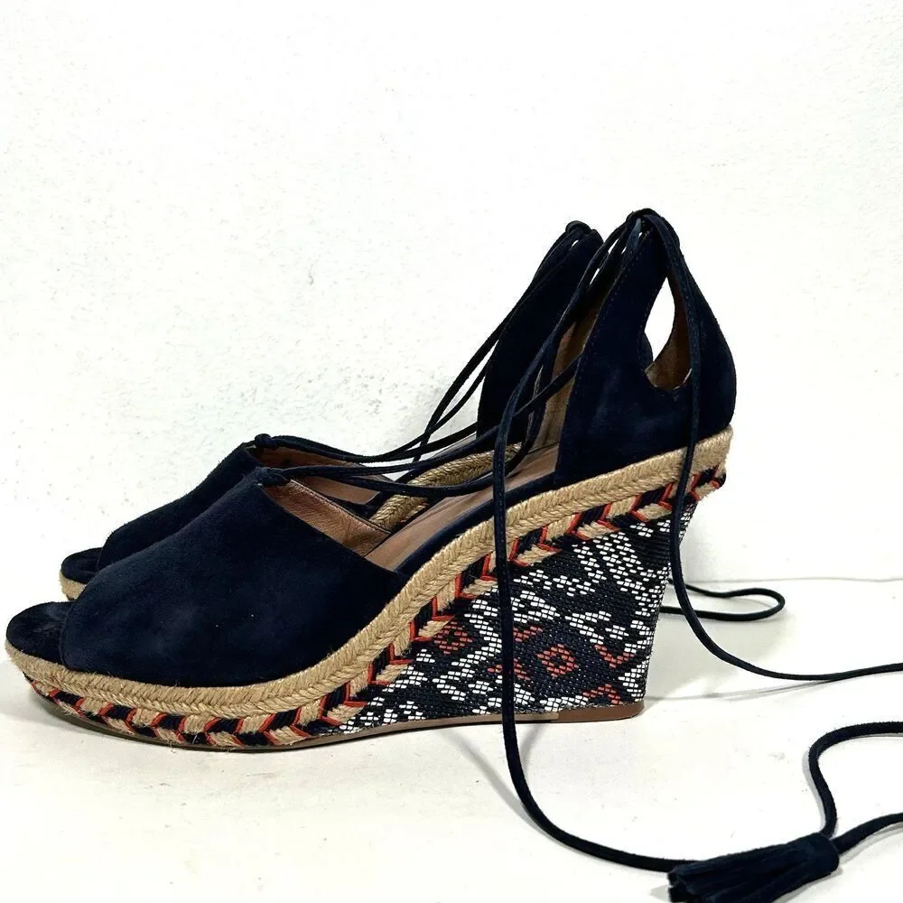 Cabi Isla Blue Suede Ankle Wrap Wedge Sandals Espadrille Size 9.5 Open Toe